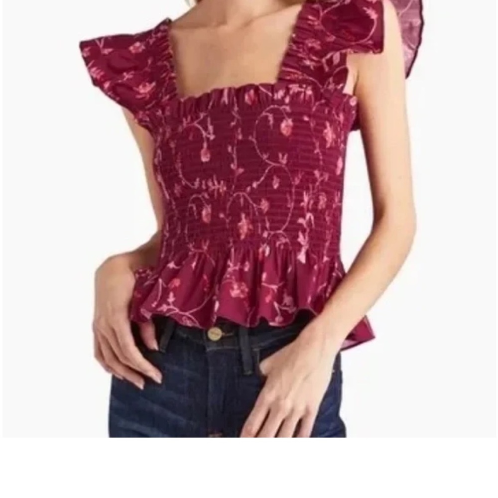 Hill House The Paz Botanical Floral Burgundy and Pink Ruffled Top